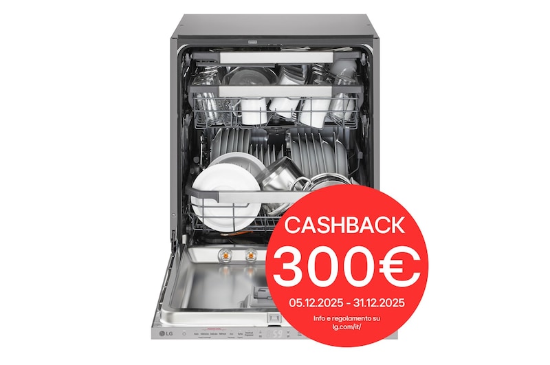 Vista frontale della lavastoviglie LG QuadWash DB597TXS con cashback